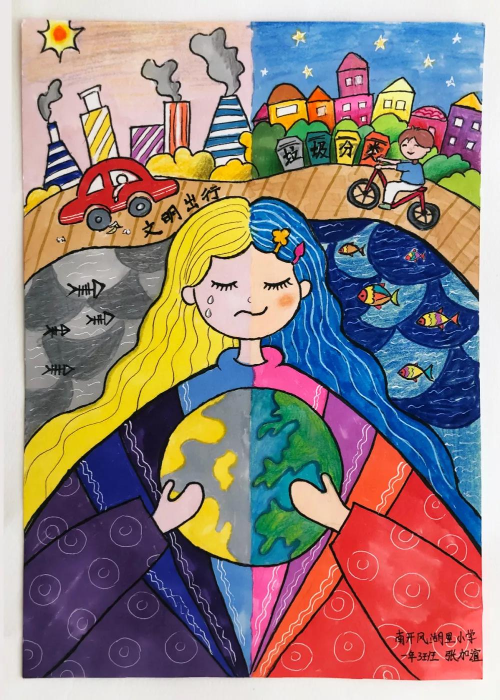 文明出行，垃圾分类儿童画-图1