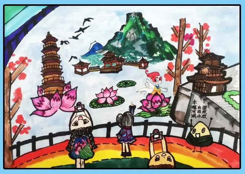 步骤4：作品简介：作品以肇庆七星岩为背景，蓝天白云，青山绿水；衬以宋城墙、崇禧塔等古建筑，点缀盛开的荷花、木棉花，燕语呢喃；欢快的人们，把肇庆美丽的青山绿水摄入镜头，留在心中。整个画面，构成了一幅人与自然的和谐图画，也启示我们一个道理，保护好水资源，就是保护我们美丽的家园，人类的生活才更加美好。