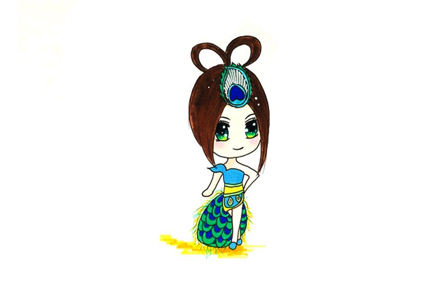 蓝孔雀仙子简笔画画法步骤