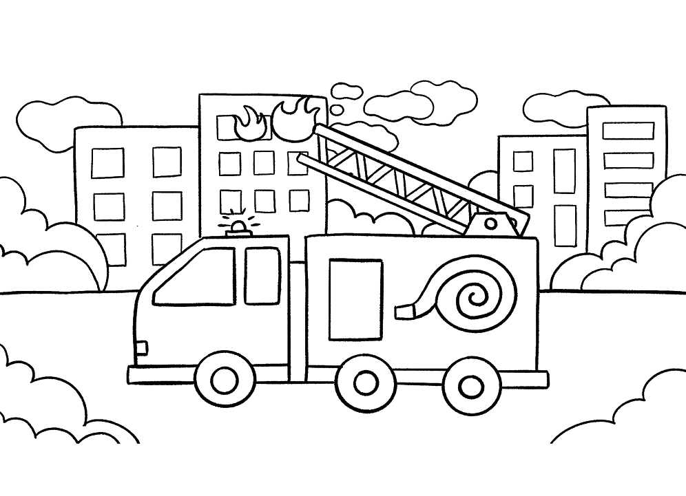 步骤12：在上方和下方分别画出云朵和树丛，一幅勇敢的消防车赶来救火的画面就完成啦。