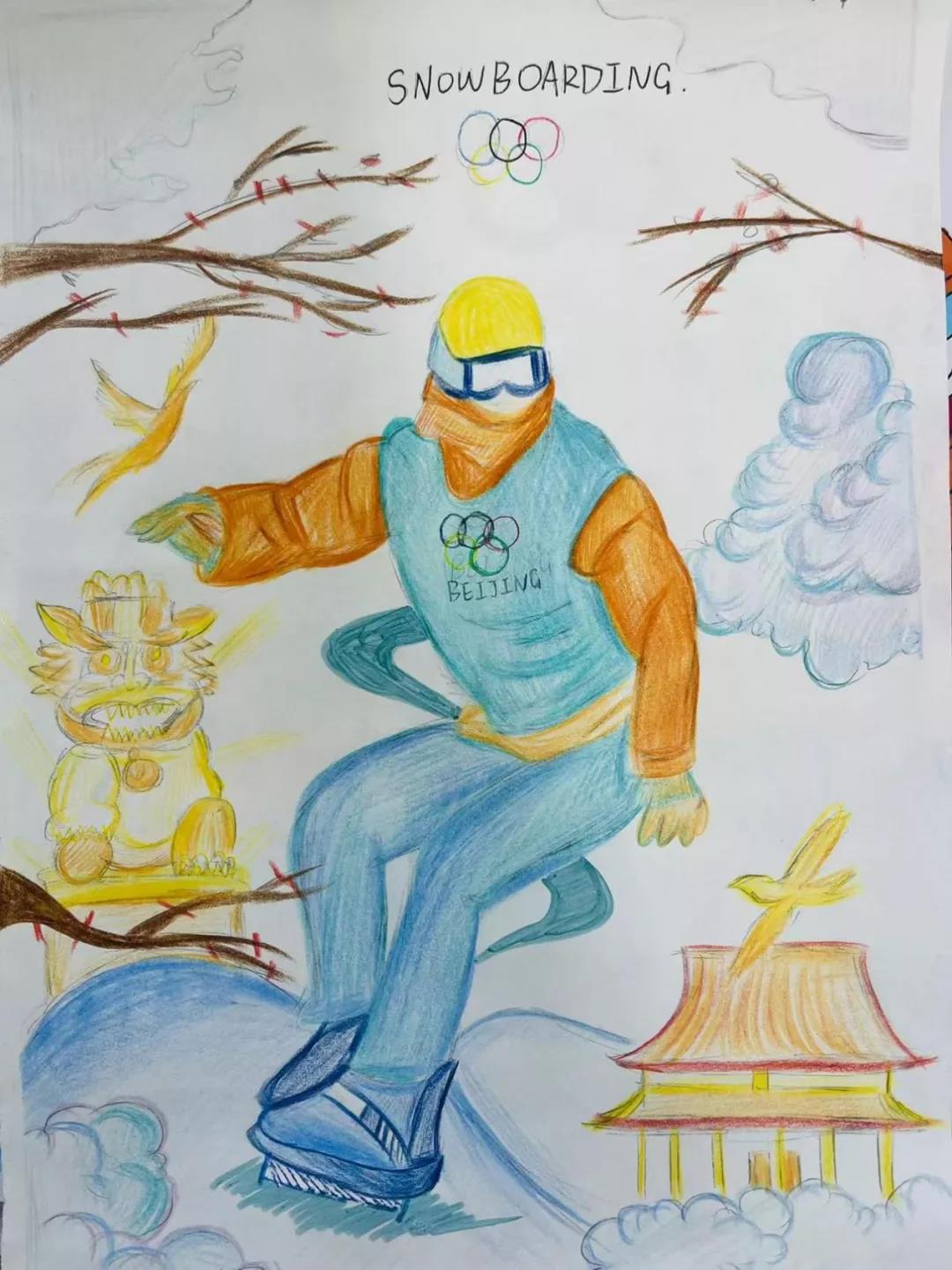 步骤3：《勇气》创作理念：2022年的冬奥会即将来临，在这个寒冷的冬天，经过刻苦训练的各国运动员们将要在国际赛场上展现风采。奥运会的核心价值观是“卓越，尊重，友谊”，我画的是一位正在滑雪的运动员，他身姿轻盈，动作自如，旁边飞着北京雨燕，四周还有一些独具中国特色的建筑，我想通过这幅画展现出运动员的勇气与拼搏，同时也希望通过这幅画激励运动员们为国争光。