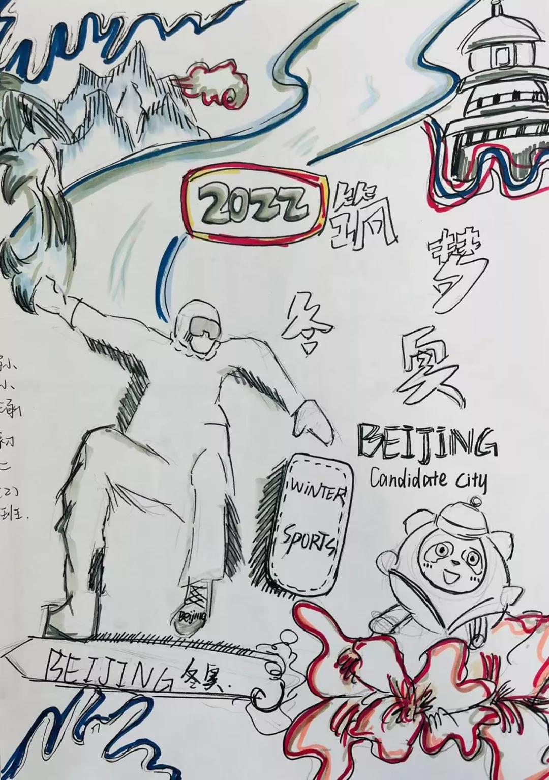 步骤8：《筑梦冬奥》创作理念：本幅画结合了冬奥会滑雪项目与国宝熊猫，用北京的英文做点缀，外加题目-《筑梦冬奥》。用红、蓝两色丰富画面，红色突出2022，蓝色用来修饰山以及海浪与远处的雪道，右下角还有一个熊猫，突出了我国国宝的可爱。