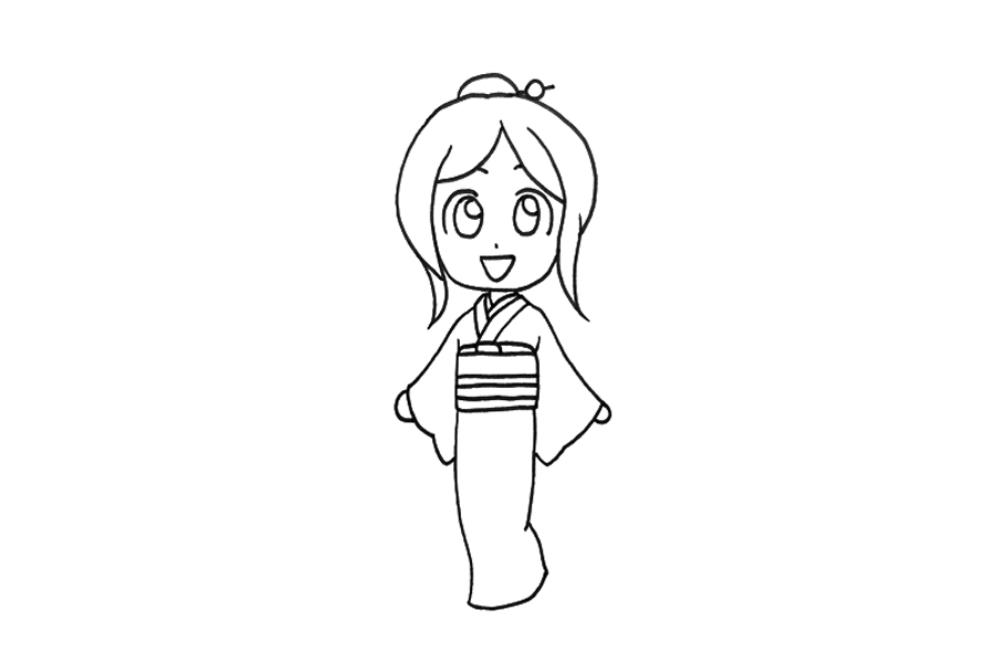漫画和服小女孩简笔画画法步骤-图3