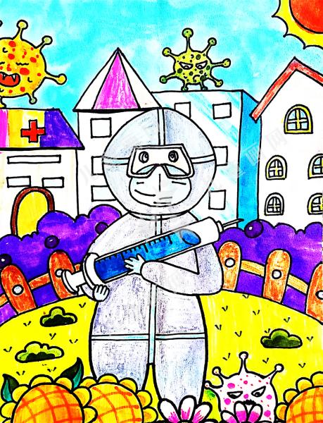 致敬逆行者儿童画三年级