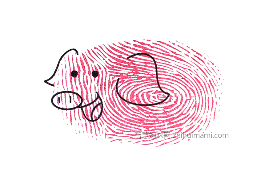 步骤3：对了，小猪还有高高的鼻子和大大的嘴巴，别忘了鼻子上还有两个小孔哟。