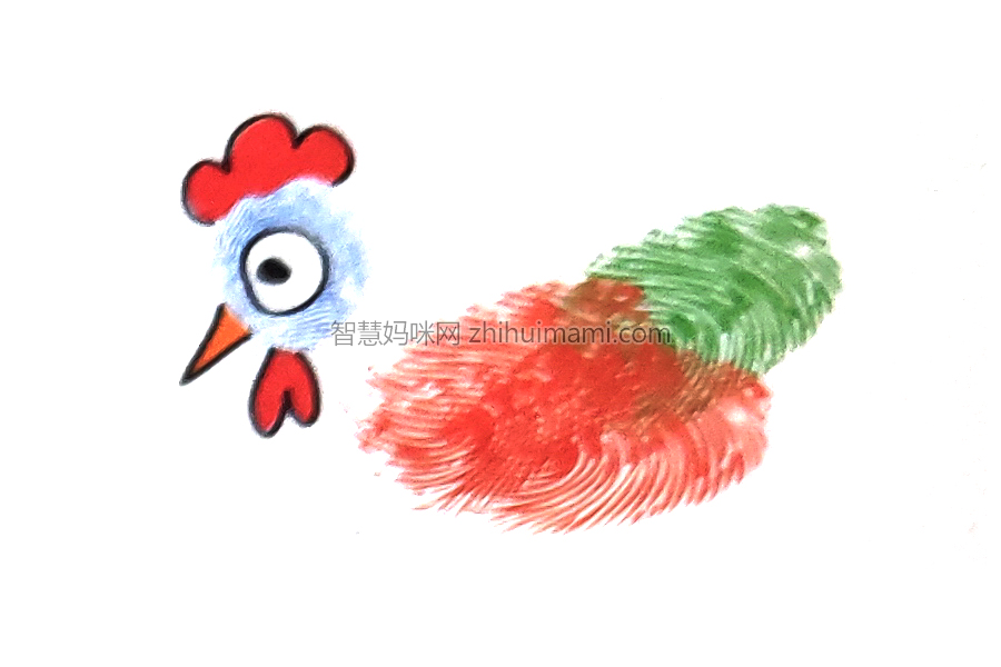 步骤3：画出公鸡的圆眼镜、尖嘴巴，不要忘了公鸡独有的特征，大大的机关和垂在嘴下的肉裾哟！