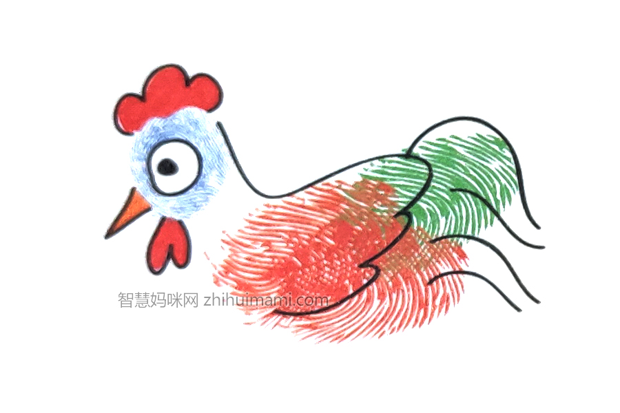 步骤4：画出公鸡的翅膀和尾巴上的花纹。