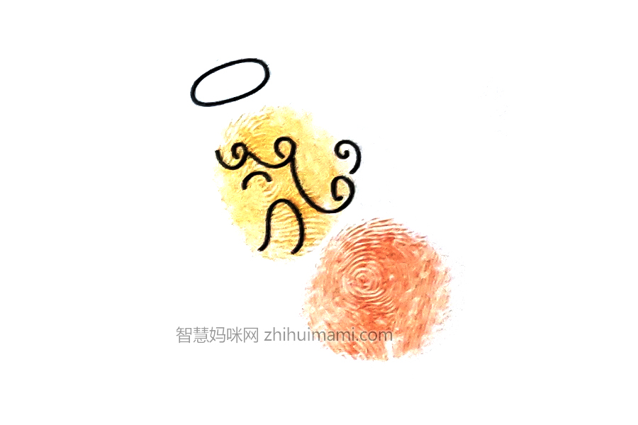 步骤3：画出丘比特的眼睛、嘴巴和头发，哦，不要忘了头顶上的光环哟！