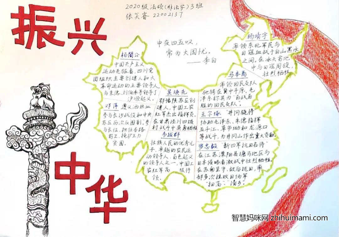 步骤2：泱泱大国，万民齐心。我以中国版图为背景，按照大致区域划分，搜集并列出了各个地区的部分代表性革命先辈。杨靖宇、马本斋、王尔琢等革命先烈在大革命运动、共产主义革命运动或者抗日战争中都起到了重要作用，其革命精神长存！