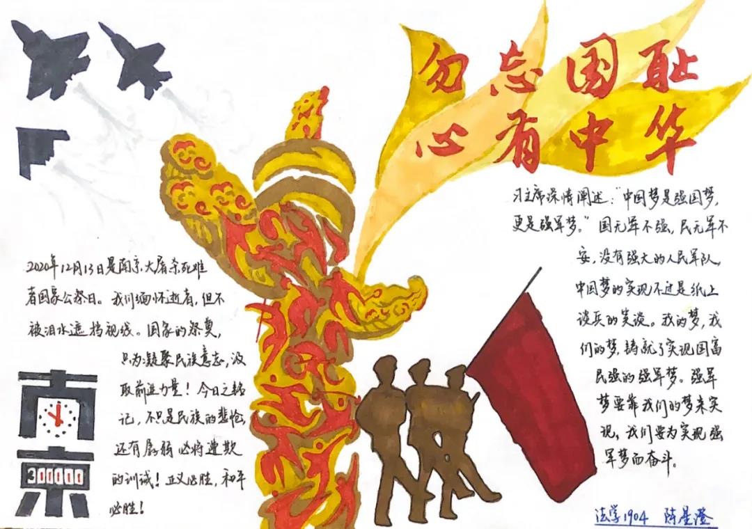 步骤3：手账制作期间历经了12月13日南京大屠杀死难者国家公祭日，结合“勿忘国耻，心有中华” 的主题，最终确定了对历史苦难的缅怀和对祖国强军梦的展望为手账内容。手账主体是极具中华特色的中国红和华表，其余元素为三军仪仗队剪影、现代战机剪影和南京大屠杀标识，配以文字，通过插画和文字传达中心思想。
