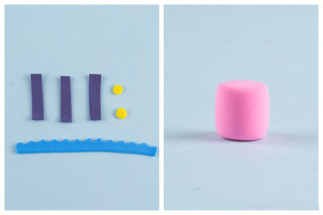 步骤6：用深粉色粘土做一个小圆柱，然后紫色、蓝色、黄色粘土做出装饰物。