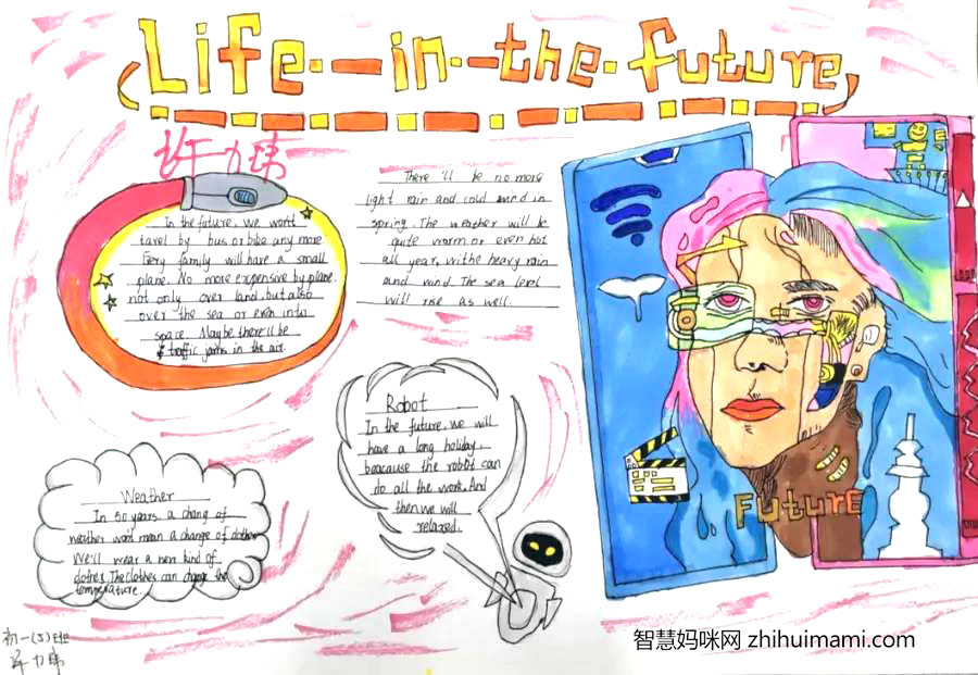步骤5：“在看完一系列机器人以及未来科技电影后，灵感不经涌上了我的心头，驱使我画出了life in the future这份手抄报。这幅手抄报中充满了我对未来的幻想。”