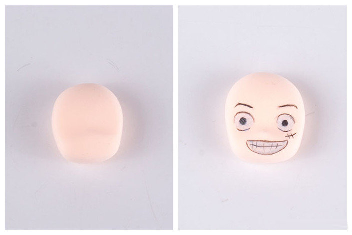 步骤1：做手办，要用脸模，首先我们用肤色黏土做出路飞的脸。然后画出路飞的眼睛、眉毛、嘴巴，以及左眼下边的伤疤。