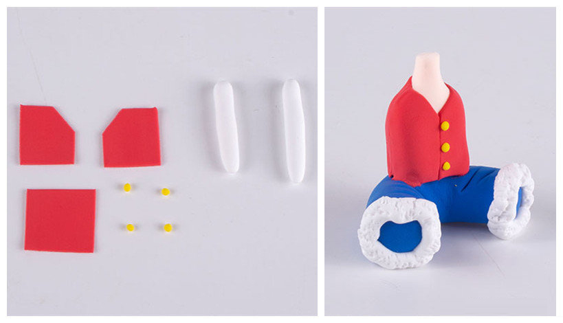 步骤4：做出路飞上衣的装饰，红色的是上衣，黄色的是纽扣，白色的细条准备做裤子的毛边，把上衣粘好，裤子的毛边也粘上并戳出纹理。