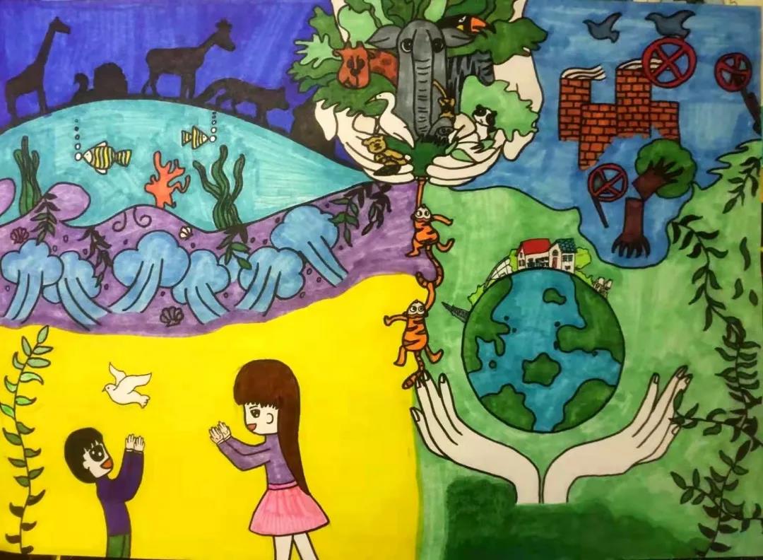 保护生物儿童创意画