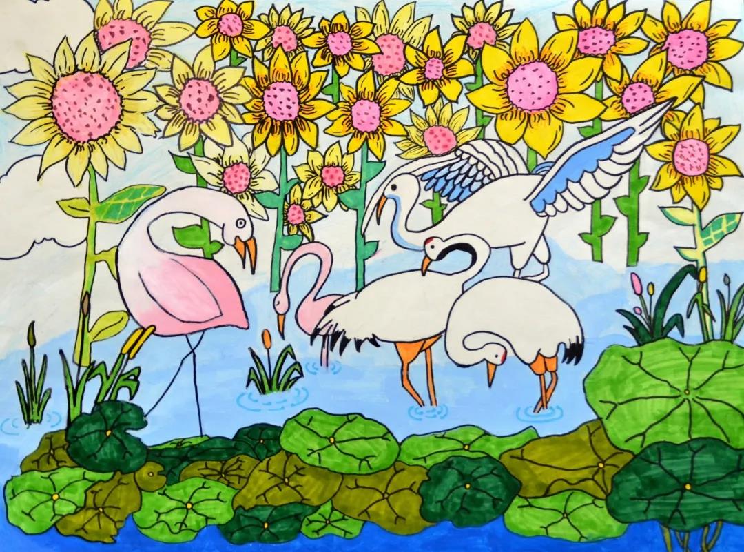 创意画作品-葵开归鹤