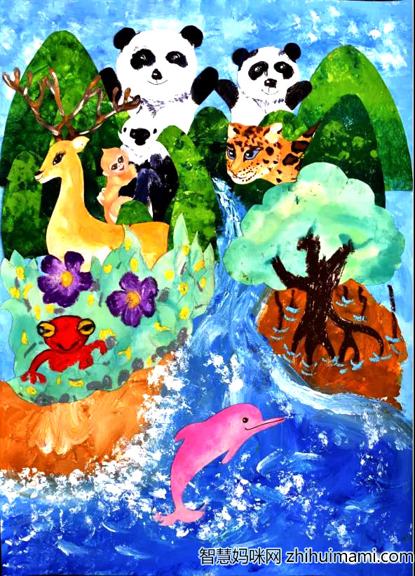 保护野生动物呵护自然生态儿童画