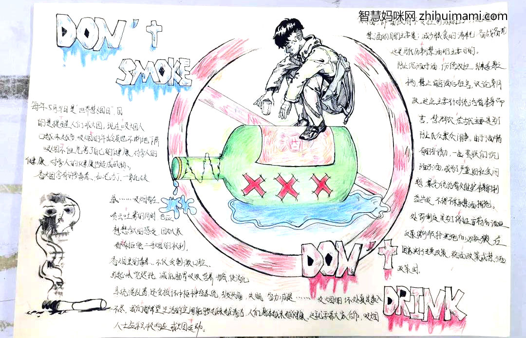 初一禁烟控酒手抄报绘画-图5
