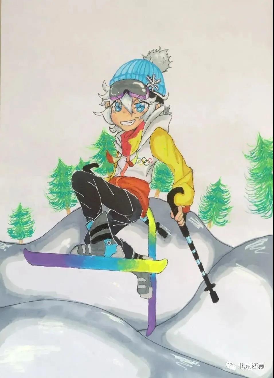 步骤1：本画精心描绘了一名正在滑雪的激情少年，用雪板展现极其精湛的技巧，体现了冬奥健儿高超技术以及我们对于冬奥健儿在冬奥赛场上精湛表现的期许。
