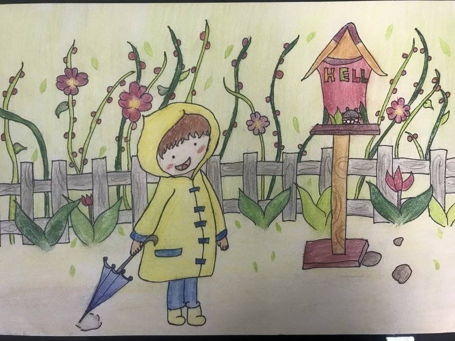 拿着雨伞的小女孩儿童画