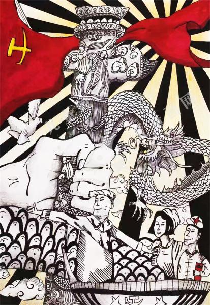 红色力量爱国儿童手绘