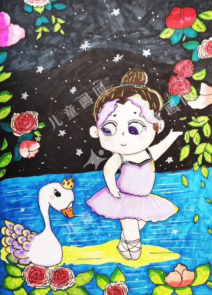 儿童创意画作品-天鹅湖