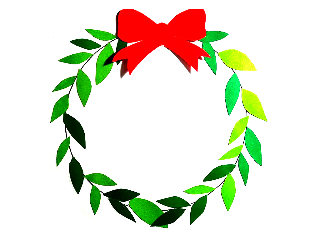 步骤2：接着我们用绿色卡纸剪出树叶，用红色卡纸剪出蝴蝶结，并把树叶和蝴蝶结围着圆形粘贴。整个画面会比较立体。不想粘贴也可以画出树叶和蝴蝶结涂色