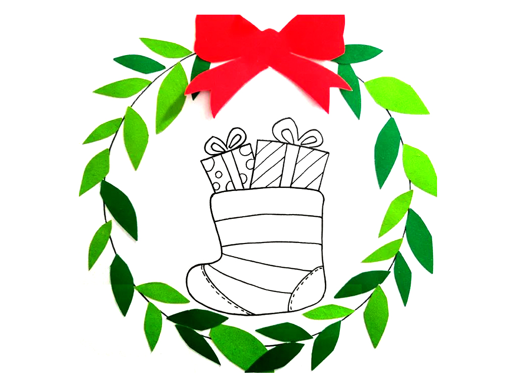 步骤3：在绿叶围成的圆环内画出圣诞袜和礼物的线稿。