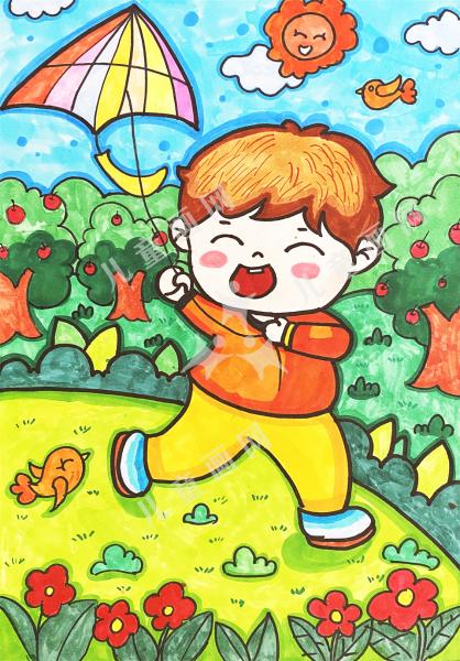 人物儿童画放风筝的男孩