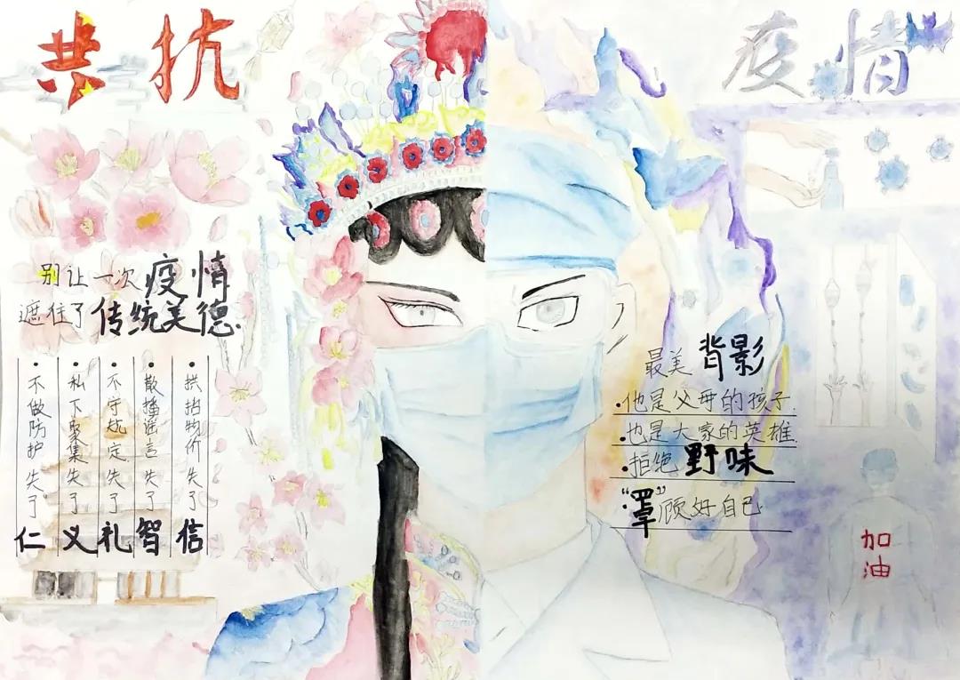 步骤5：画的左半边京剧花旦，以北京为中心，遍及全国各地。代表着全中国的人民群众，以植物为背景体现出疫情当下，全国各地捐给武汉的蔬菜水果物资，实为爱心。画的右半边则为医护人员，背景是一线的医护人员的背影，输液的场景以及洗手的画面，还有大量的口罩物资。表达出全国的人民群众为医护人员献出的爱心，捐献的物资。一副拼接的画面，正好体现出了国人的仁义礼智信。正可谓，一方有难八方支援。