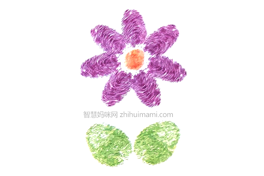 步骤3：伸出大拇指，蘸取不同颜色的颜料后，按出花朵的两片叶子。