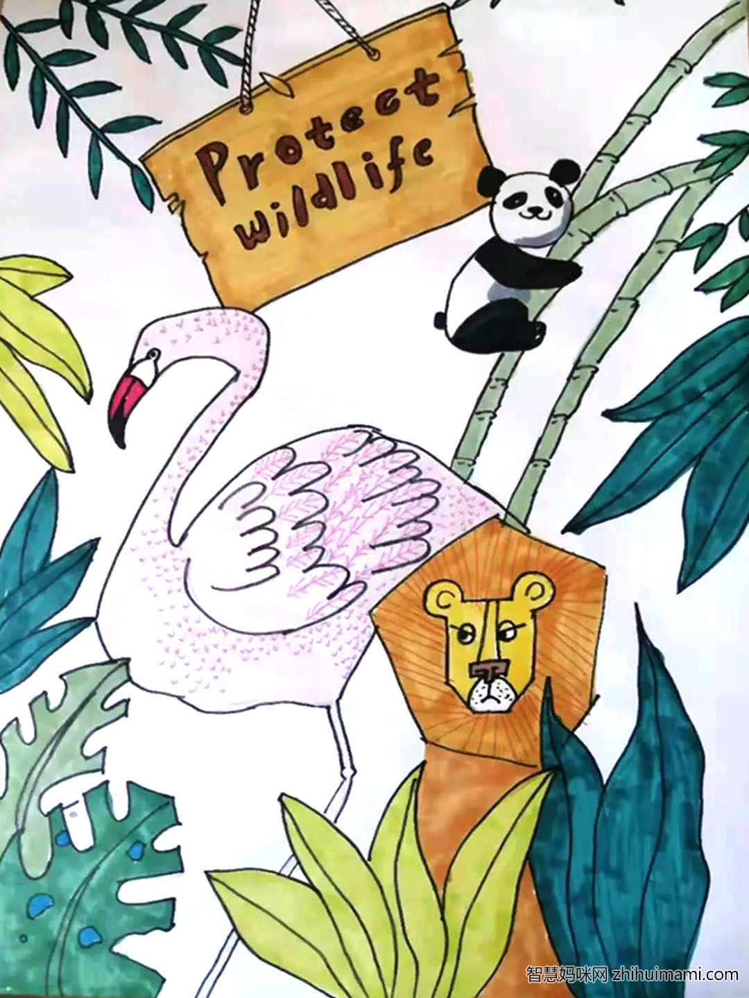 保护野生动物儿童画漂亮