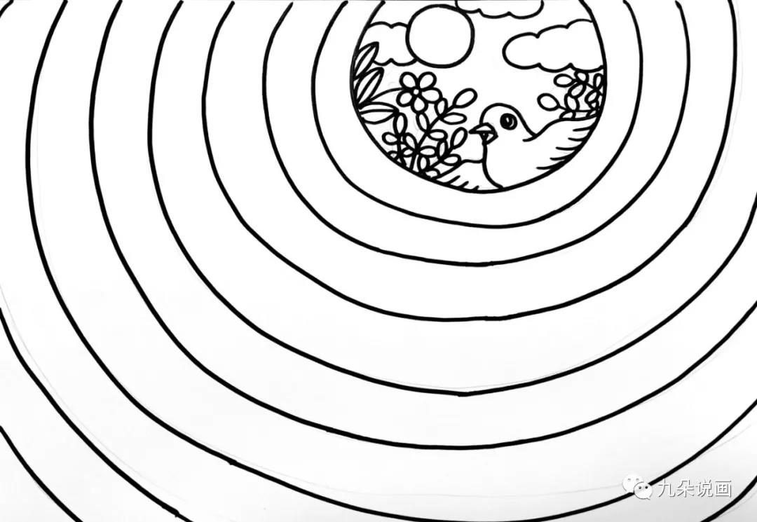 步骤3：用黑色马克笔（或者勾线笔）先画一个个的圈，注意线与线之间的间隔，靠近井口的线条之间距离小，间隔越来越大，突出视觉上的近大远小，即远处画的密集，近处画的宽大。