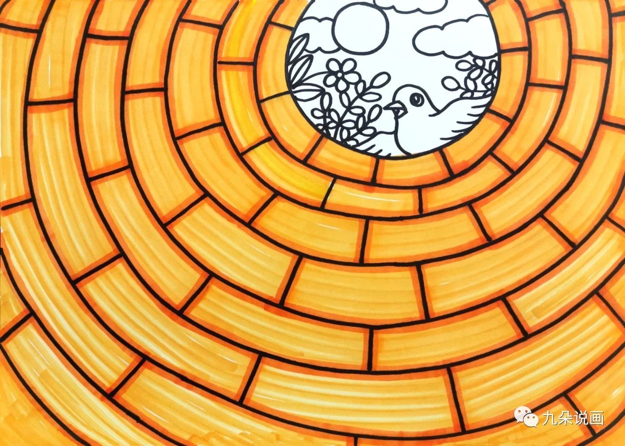 步骤5：马克笔平涂桔黄色（或浅棕色），表现出砖块的颜色。然后再用深一个色号的颜色加深边线，让砖块更有层次感。