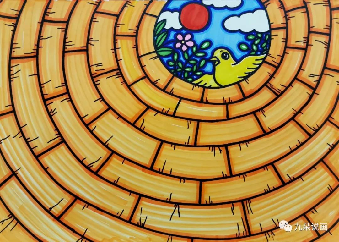 步骤6：把井口风景平涂上美丽的色彩，再用同色系深色笔勾边让画面更有层次感。砖块上画上线段，表现砖块质感。