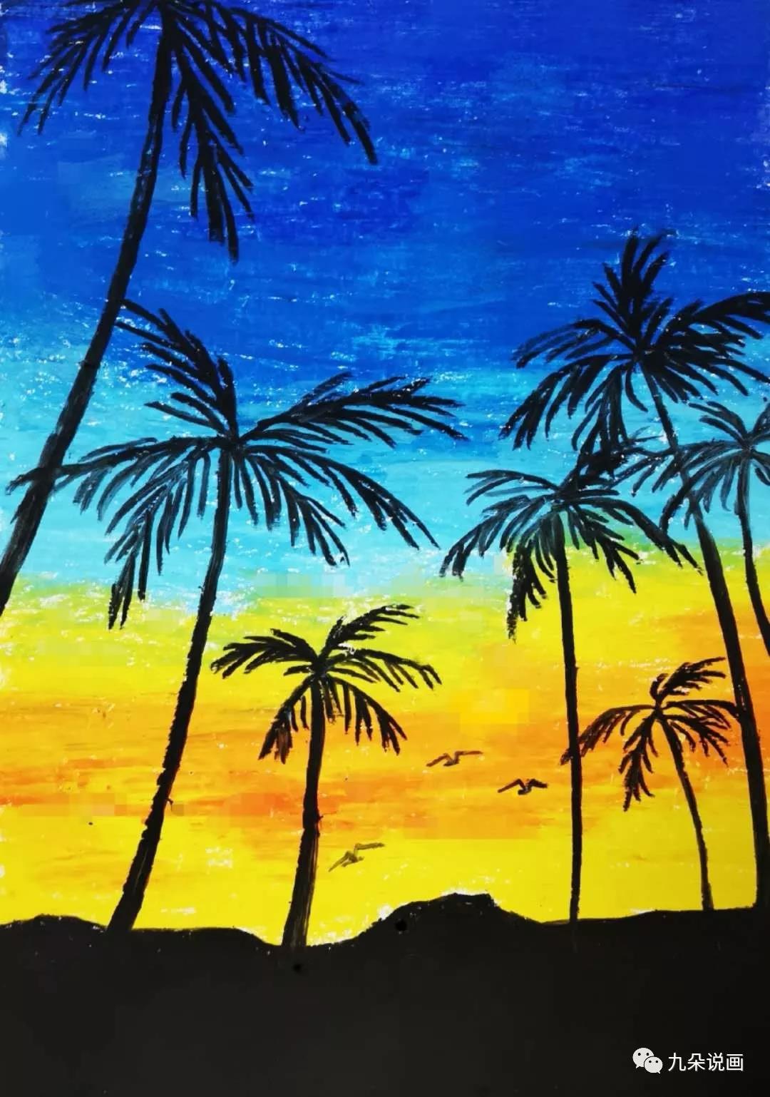 步骤9：看完图片知道椰子叶的形状了，我们继续用黑色画出叶片。还可以加上几只小海鸥。