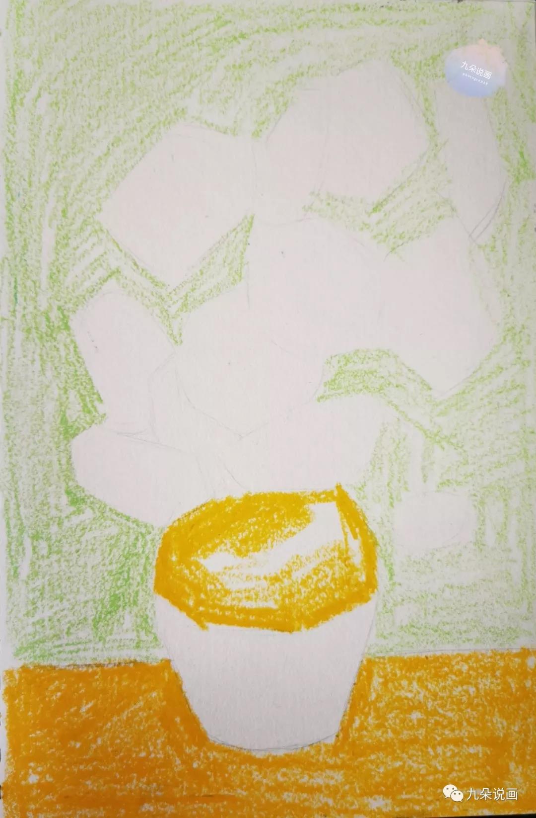 步骤2：选浅绿色和橘黄色，分别将背景和桌布以及陶罐上半部平涂上颜色。注意陶罐上留出高光的位置不涂色。