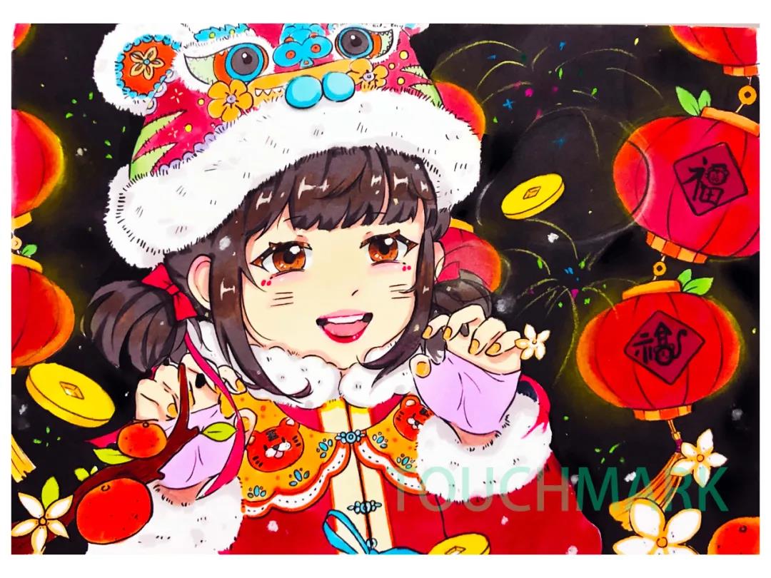 新年快乐的女孩绘画上色教程