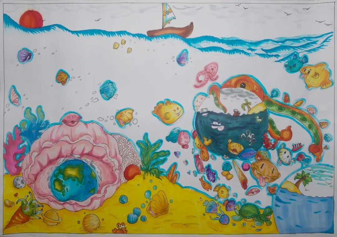 保护海洋生态主题儿童画-图2