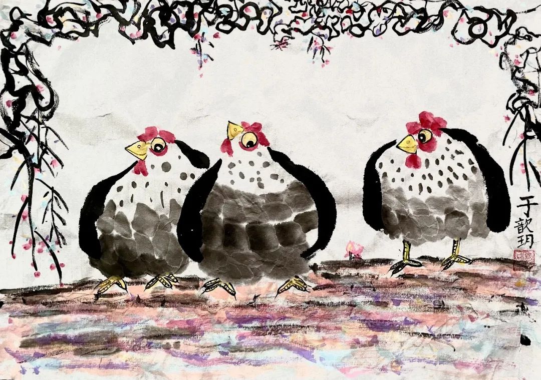 步骤4：《生“鸡”勃勃》  看！鸡妈妈正准备高歌一曲呢！它们三两成群，好不热闹！