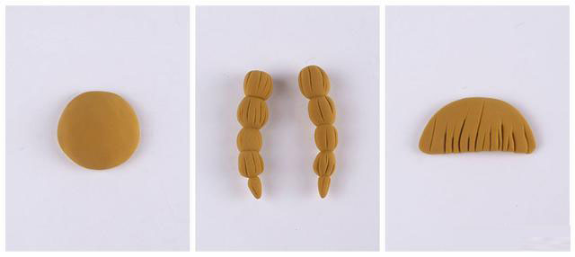 步骤3：接下来做头发，用浅咖色粘土做一个圆形作为头顶上的头发，还有两根小辫子，最后一片是刘海部分。浅咖色粘土可以用咖啡色+白色粘土混合而成哦，超轻粘土是可以混色的，不同的颜色可以混合出各种各样的颜色。