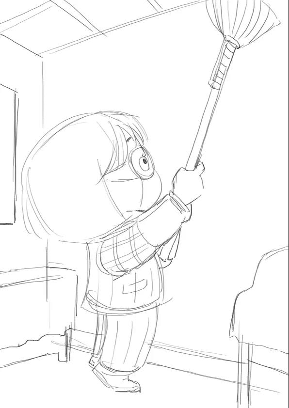 步骤1：首先我们用铅笔在画纸上勾勒出人物扫房的基本形态。