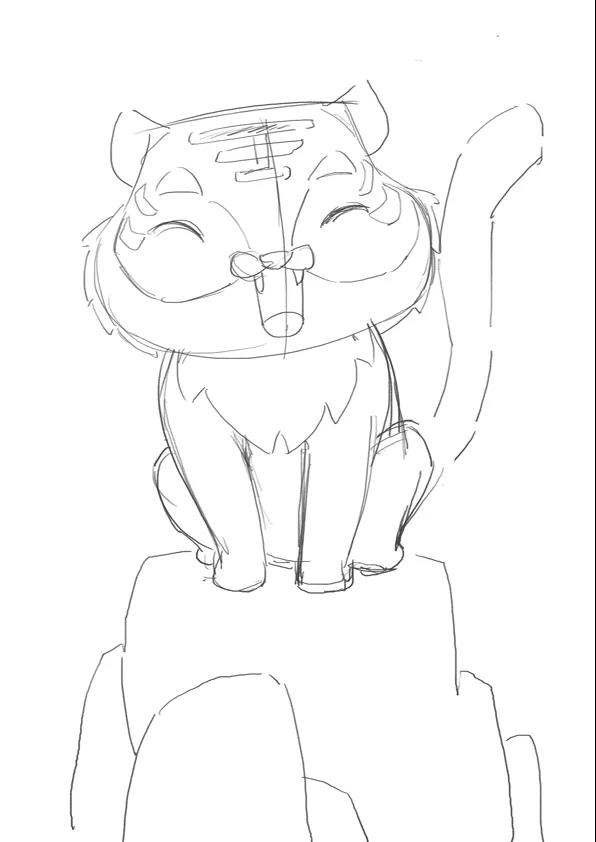 步骤1：首先我们用铅笔在画纸上勾勒出卡通老虎的基本形状。