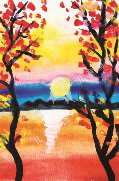 夕阳儿童画风景
