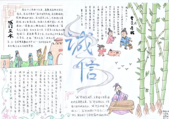 步骤4： 因为诚信是中华民族的传统美德，所以手抄报内容采用了几个中国古代关于诚信的寓言故事来进一步说明诚信的重要性。整张手抄报也采用较多的中国元素。