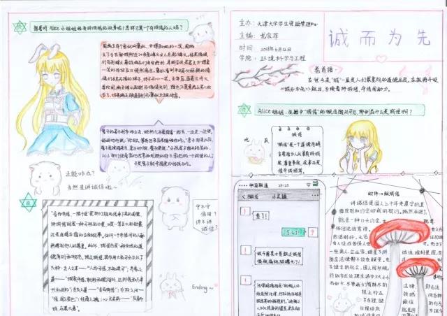步骤9： 因为是做手抄报，所以按照报纸的格式划分成了左右两部分。又因为小时候喜欢看爱丽丝梦游仙境，故将人物原型拟定为爱丽丝和小兔子，整体内容以对话的形式展开。后期修改的时候，听取了舍友和同学的意见，加入萌系表情包增强趣味性以及边框色彩化。