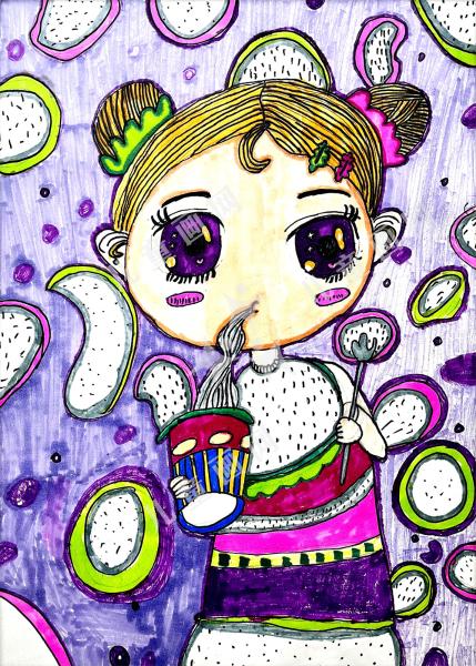 娃娃吃面儿童绘画