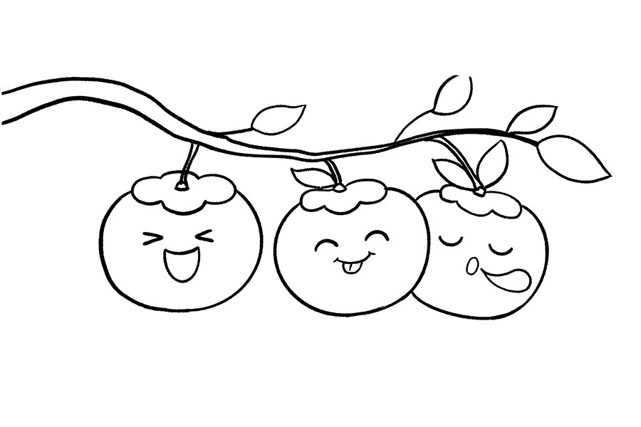 步骤7：再简单画几片叶子，这组柿柿如意简笔画就画出来啦。