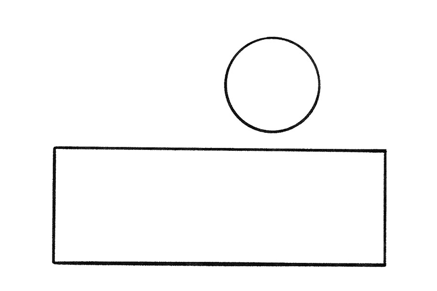 步骤1：首先，我们可以借助尺子等工具画一个长长的矩形，在矩形上方再画一个圆形