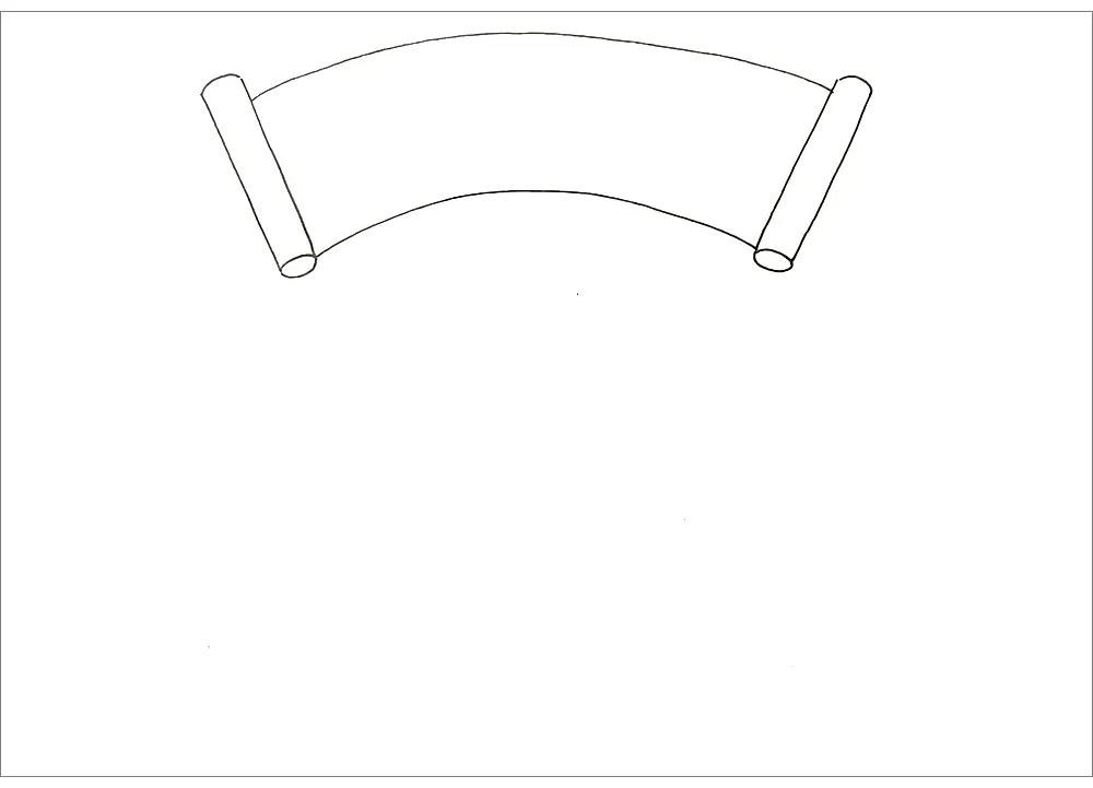 步骤1：首先，在画面的中上方的位置，用两个圆柱形加两条弧线画出一个扇形的卷轴